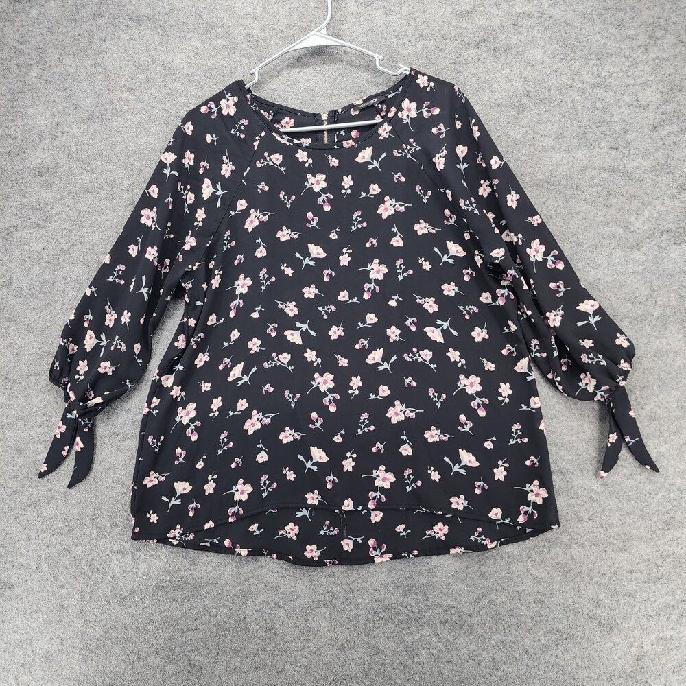 Papermoon Shirt Womens Large 3/4 Sleeve Black Floral